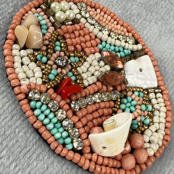 Beaded Multicolor Pendant Necklace Coral Turquoise Gold Colors Shell Accents - Picture 9 of 16